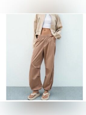 Zara Women’s Tan Elastic Pull On Parachute Baggy Relaxed Jogger Pants Size XL